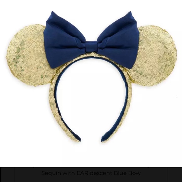 NWT-Disney Minnie Ear Headband 50th Anniversary Gold Sequin EARidescent Blue Bow - Picture 1 of 6